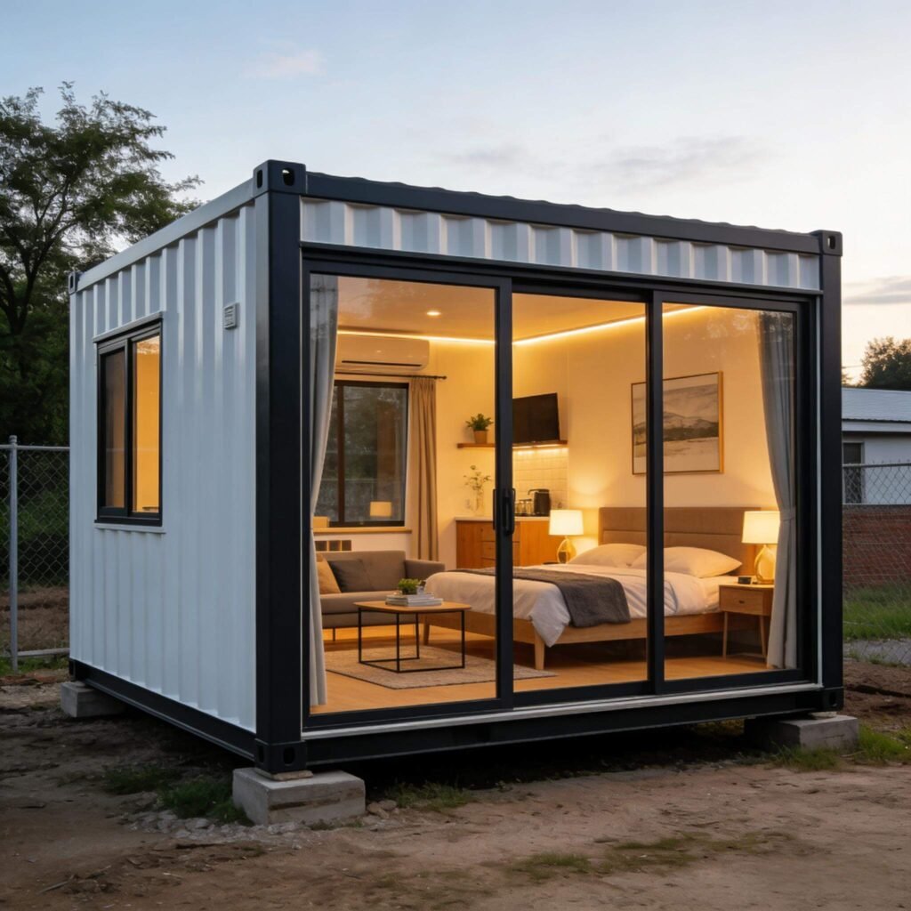 container-homes-modern-prefab-living-space Modern prefabricated container home with cozy interior and sleek exterior, compliant with US/EU building standards for sustainable living.