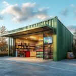 Green modular container convenience store with full glass front display