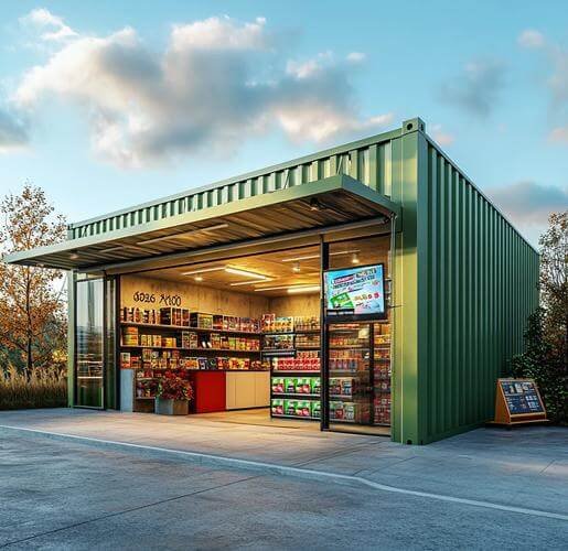 Green modular container convenience store with full glass front display