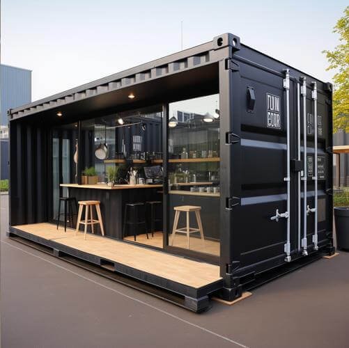 Modern black modular container bubble tea shop with open service counter