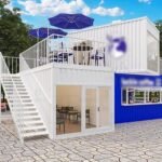 Two-story modular container coffee shop with rooftop outdoor seating area