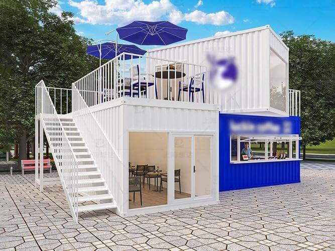 Two-story modular container coffee shop with rooftop outdoor seating area