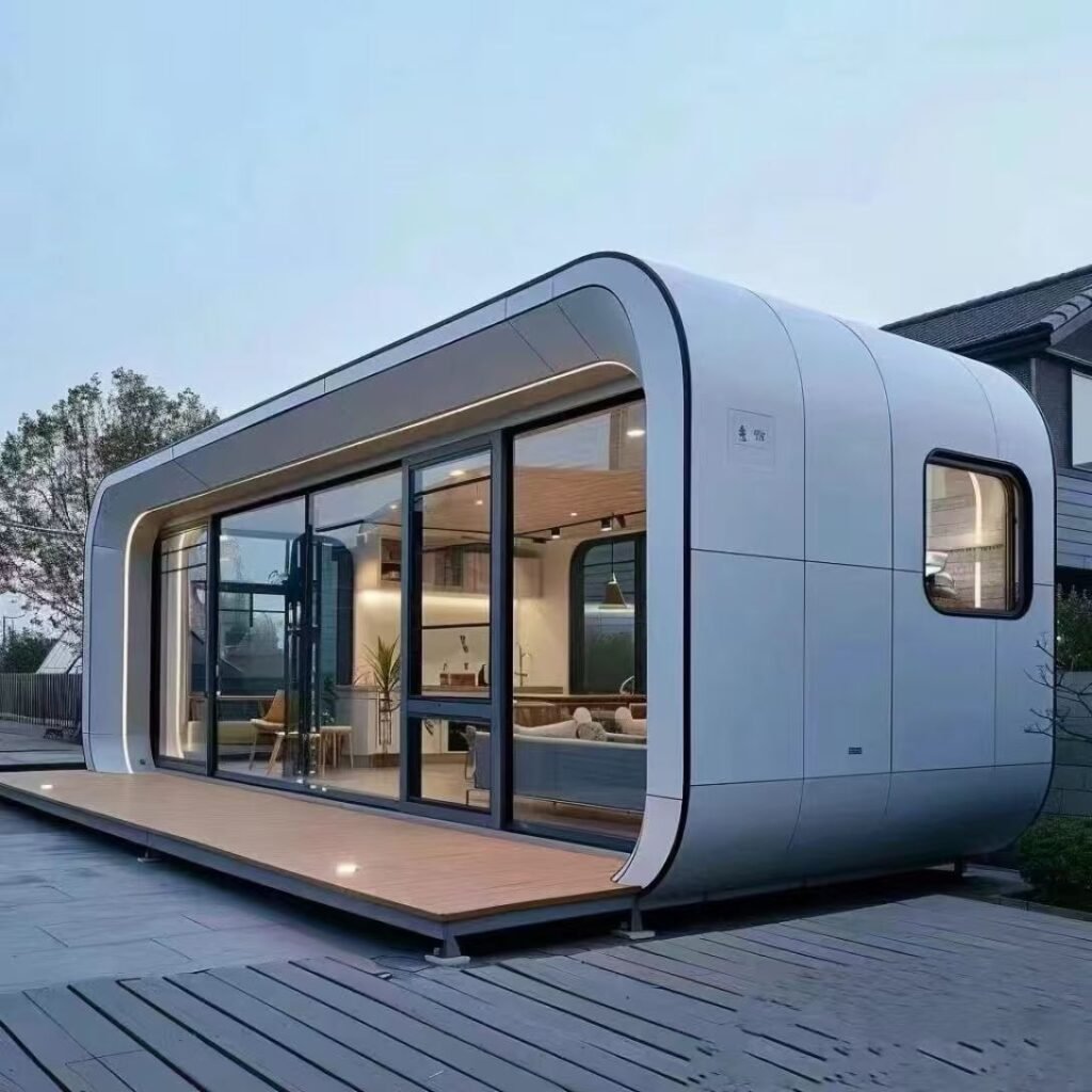 Sleek modern Apple Cabin container home with floor-to-ceiling glass, turnkey modular capsule house for glamping, offices, or residential use